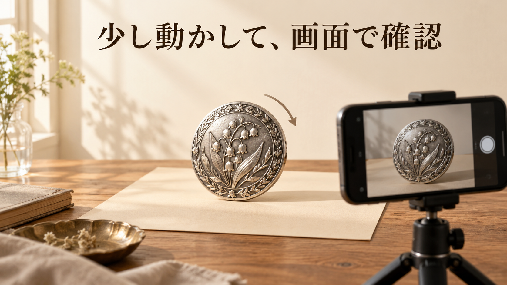 作品の向きを少し変え、スマホの画面で見え方を確かめる説明図