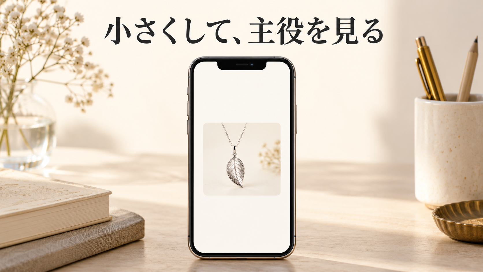 写真を小さく表示し、最初に作品へ目が向くか確かめる説明図
